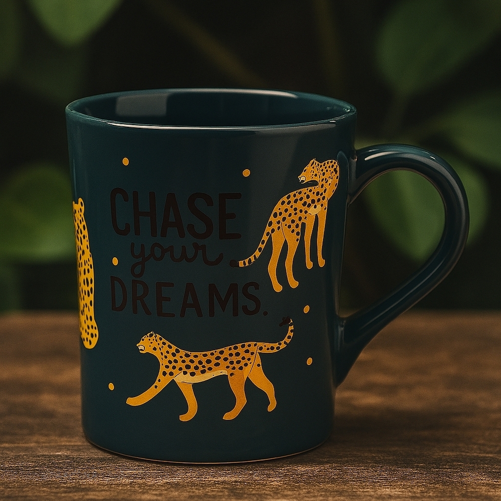“Chase Your Dreams” Cheetah Mug – Dark Green Ceramic with Bold Inspiration NWT